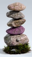 Balanced stack of natural stones with one purple rock on grass, symbolizing zen meditation, wellness and spiritual harmony against light background.