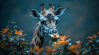 Giraffe head portrait with orange autumn foliage in natural habitat. Wildlife photography showcasing African safari animal with distinctive spotted pattern.