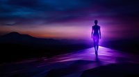 Silhouette of person walking on glowing purple path against dramatic sunset sky and mountain landscape, creating mystical atmospheric scene with neon light effects.