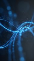 Abstract blue glowing DNA helix with flowing particles and light trails on dark background, suitable for science, technology, and medical presentations.
