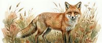 Red fox standing in tall grass and wildflowers with natural autumn colors. Wildlife illustration for nature education, children's books, and outdoor themes.