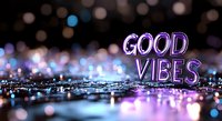 Glowing neon purple Good Vibes text sign against dark background with colorful bokeh lights creating dreamy atmosphere for positive messaging and social media.