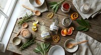 Natural skincare ingredients and homemade cosmetics on rustic wooden table with herbs, oils, and organic beauty products for spa treatments.