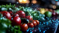 Fresh red and green tomatoes on dark background with glowing network effect overlay, creating futuristic food technology concept for agriculture innovation.