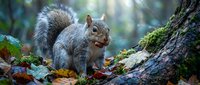 Gray squirrel sitting on mossy tree branch in autumn forest with colorful fallen leaves. Wildlife photography perfect for nature and outdoor themes.