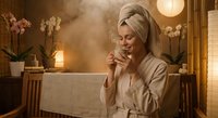 Young blonde woman in bathrobe drinking tea in luxury spa bathroom with candles and orchids. Relaxation wellness self-care morning routine concept.