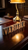 Wooden letter blocks spelling VARIABLE on executive desk with brass banker lamp creating warm atmospheric lighting for business concepts.