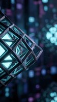 Futuristic geometric cube with glowing neon lights and bokeh background, suitable for technology, innovation, and digital design projects.