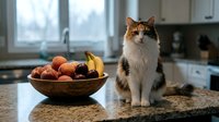 Orange and white tabby cat sitting on kitchen counter next to wooden bowl of fresh apples and bananas, modern home interior with windows and cabinets.