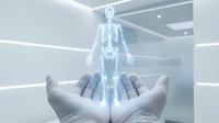 Medical professional hands presenting holographic human skeleton anatomy model in modern healthcare technology environment for education and diagnosis.