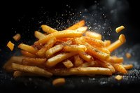 Golden crispy french fries with salt sprinkled in motion against dark background, dramatic food photography for restaurant menu and advertising.
