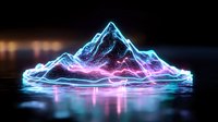 Glowing mountain peak with neon blue and pink light trails reflecting on dark water surface, creating futuristic landscape with ethereal atmosphere.