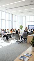 Diverse group of professionals gathered in modern conference room with floor-to-ceiling windows, listening to female presenter during business meeting or training session in bright corporate office.