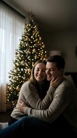 Happy young Caucasian couple embracing near illuminated Christmas tree in cozy living room during holiday season celebration at home.