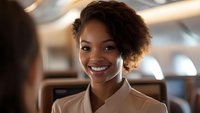 Young African American businesswoman with natural curly hair and bright smile wearing beige blazer in corporate environment, professional portrait in warm lighting.