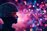 Silhouette of head with glowing digital particles forming neural network patterns against vibrant pink and blue bokeh background, representing artificial intelligence.