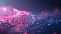Glowing digital fingerprint on dark background with pink and blue light particles, representing biometric security technology.