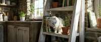White cat sitting on wooden ladder shelf in rustic potting shed with terracotta pots and gardening tools creating cozy cottage atmosphere.