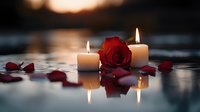 Red rose and glowing white candles reflected in water with scattered petals creating romantic atmosphere. Soft focus background with sunset bokeh.