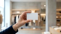 Young adult male with light skin tone holding blank white business card in modern retail clothing store environment, suitable for branding and corporate marketing materials.