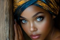 Close up portrait of young African woman with striking blue eyes wearing yellow and blue headwrap, natural makeup and soft lighting against wooden background.