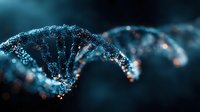 Digital DNA double helix structure with glowing particles and bokeh effects on dark blue background for biotechnology and genetic research applications.