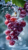 Fresh red grapes submerged in water with bubbles creating dynamic splashing effect, showcasing juicy fruit in macro photography.