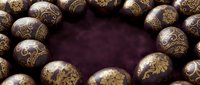 Luxury dark chocolate Easter eggs with golden floral ornaments arranged in a circle frame on a deep purple velvet background with copy space.