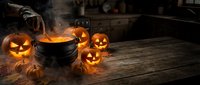 Glowing jack-o-lanterns surround a bubbling cauldron with witch's hand pouring potion, creating spooky Halloween atmosphere for seasonal decorations and party themes.