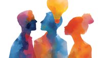 Colorful watercolor silhouettes of diverse people with light bulb symbolizing creative thinking and innovation in business teamwork.