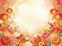 Lunar new year celebration background with red lanterns, peonies, and golden ornamental elements on warm cream backdrop.