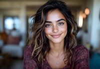Young mixed race woman with wavy brown highlighted hair and natural makeup smiling warmly at camera wearing burgundy lace top, indoor portrait with soft bokeh background.