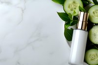White cosmetic bottle with gold pump surrounded by fresh cucumber slices and green leaves on marble background for natural skincare and beauty products.