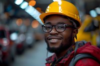 African American male construction worker wearing yellow hard hat and glasses smiles confidently at industrial worksite. Professional portrait with bokeh background.