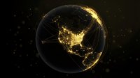 Global network connections illuminating North America with golden light trails showing digital communication pathways across continents at night.