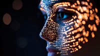 Close-up profile of a woman's face with digital code projection and glowing orange light patterns, representing artificial intelligence and technology integration.