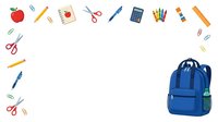 Flat lay arrangement of school supplies and blue backpack on white background, including apple, pencils, scissors, calculator, markers, and clips for education and learning concepts.