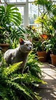 Gray cat with amber eyes observing butterfly in sunlit greenhouse surrounded by lush tropical plants and potted greenery, creating serene indoor garden atmosphere.