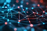 Abstract network visualization with glowing blue and red nodes connected by lines against dark background, representing digital connectivity and data flow.