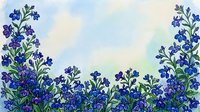 Watercolor blue wildflowers border with soft sky background, copy space for text, greeting cards, invitations, and nature-themed designs.
