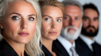 Diverse business team lineup showing different ages and genders against neutral background, professional corporate portrait demonstrating workplace diversity.