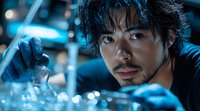 Young Asian male scientist examining sample in laboratory with blue lighting and focused expression for research and medical technology concepts.