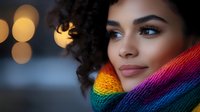 Young African American woman with natural curly hair smiling warmly, wearing vibrant rainbow scarf against blurred bokeh lights background, expressing joy and confidence.