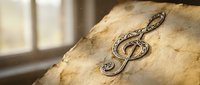 Ornate golden treble clef symbol on aged parchment paper with warm sunlight streaming through window bars creating atmospheric musical composition background.