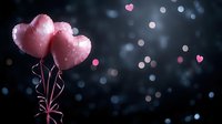 Pink heart-shaped balloons with water drops against dark bokeh background, romantic atmosphere with floating hearts and copy space for Valentine's day message.