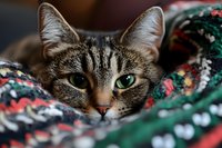 Adorable tabby kitten with bright green eyes resting comfortably in colorful patterned blanket, perfect for pet care and animal welfare campaigns.