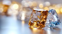 Sparkling princess cut gemstones in amber and blue colors on reflective surface with soft bokeh lights in background, luxury jewelry concept for design projects.