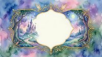 Watercolor fairy tale frame with castle and magical landscape, ornate border design for invitations, cards, and fantasy storytelling projects.