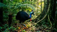 Southern cassowary bird walking through lush tropical rainforest with ferns and large tree roots in dappled sunlight creating natural wildlife habitat scene.