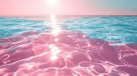 Dreamy ocean surface with pink and turquoise colors reflecting sunlight, creating magical ripples and waves in tranquil seawater at sunrise or sunset.